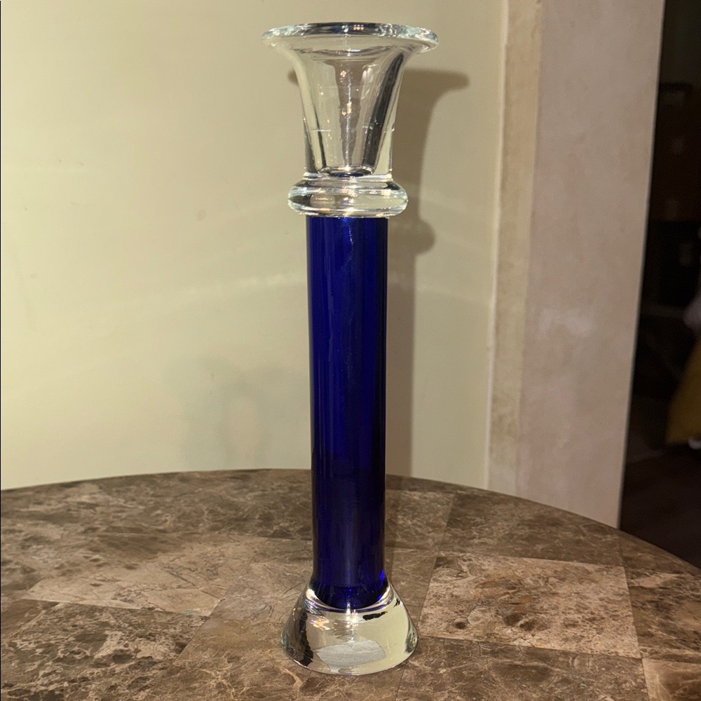 Elegant Crate & Barrel Cobalt Blue & Clear Glass Candleholder 10 inches